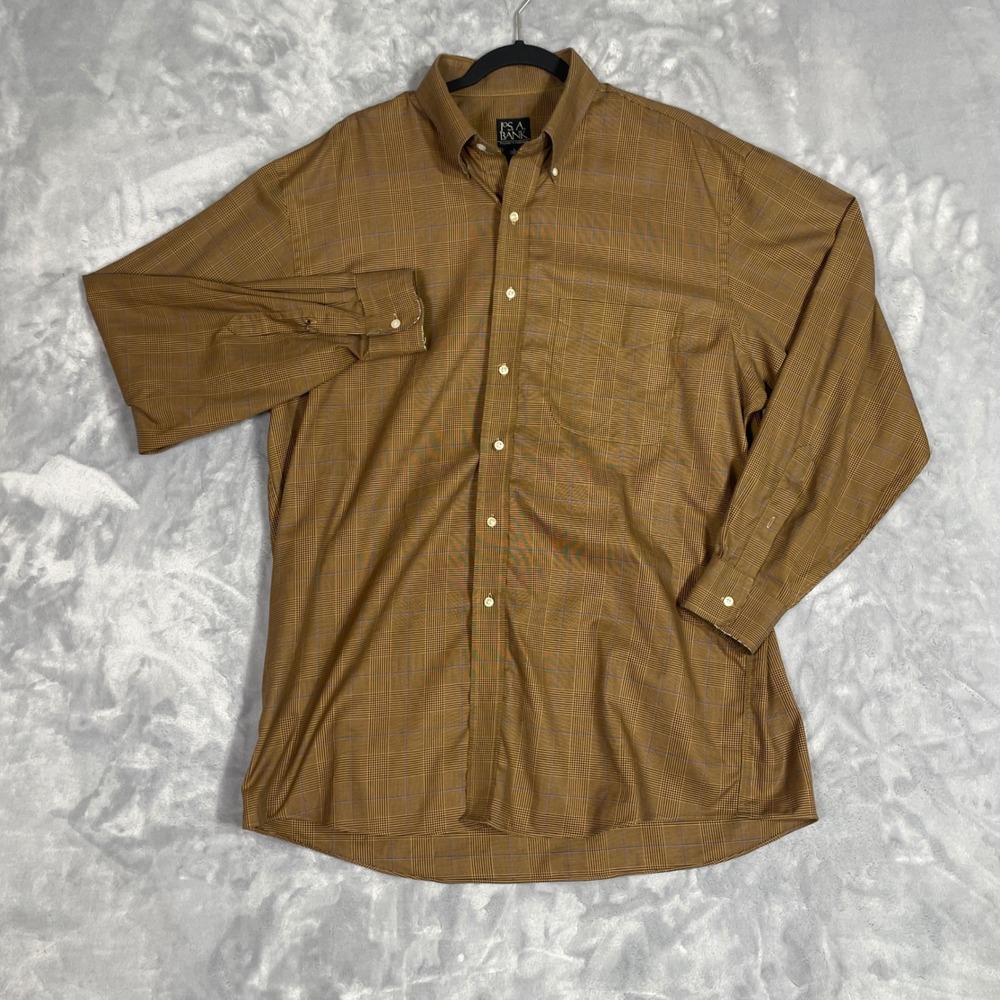 Jos. A. Bank Button Down Shirt Men's L "Traveler's" Brown Glen Plaid